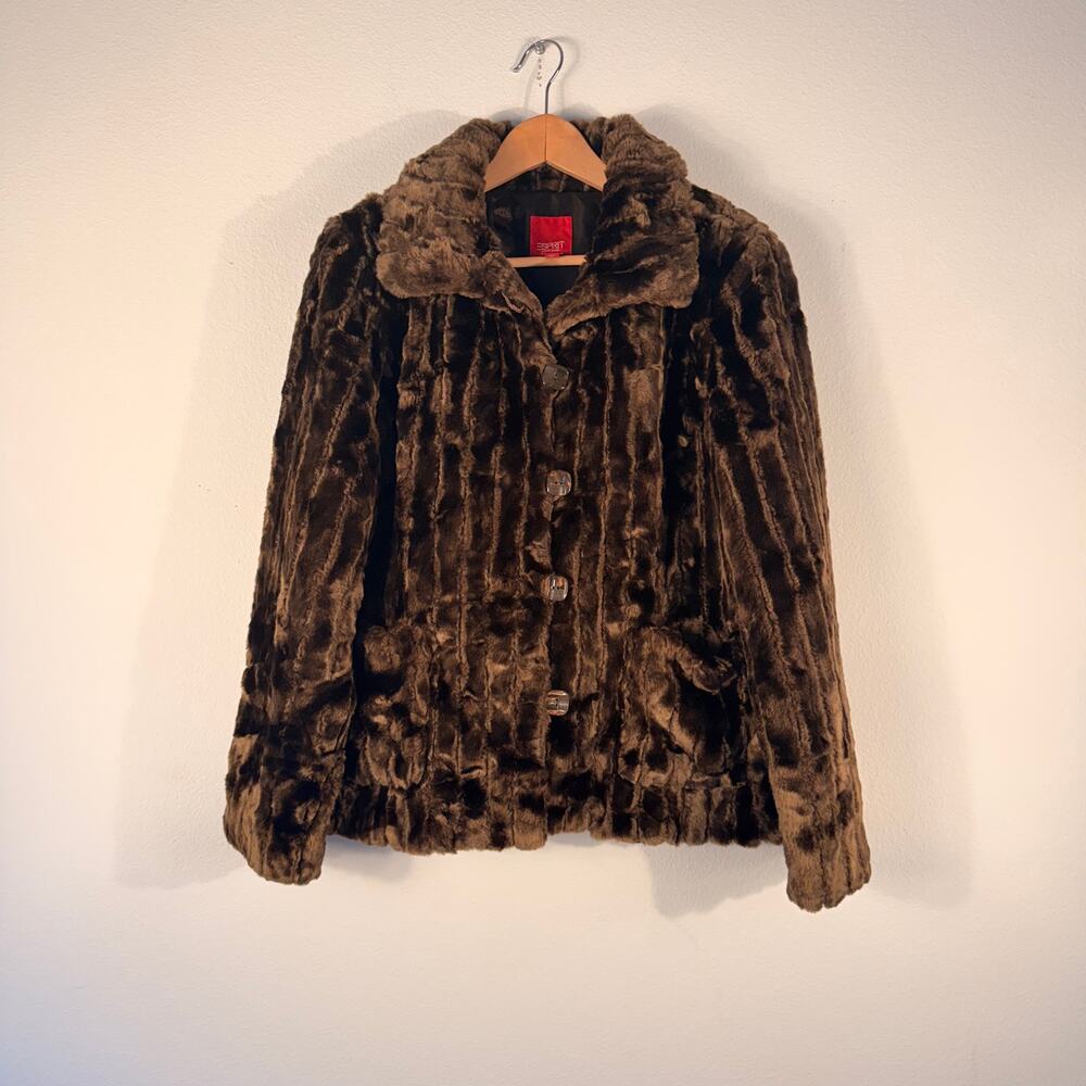 Esprit Brown Faux Fur Jacket Large Button Front Collared Plush Coat NWOT